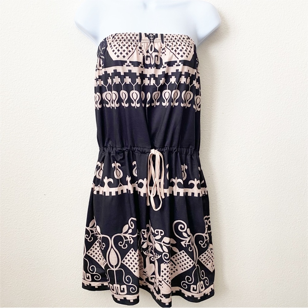 SAUKOLE  Bandeau Strapless Smocked Elastic Waist Tube Mini Dress with Pockets